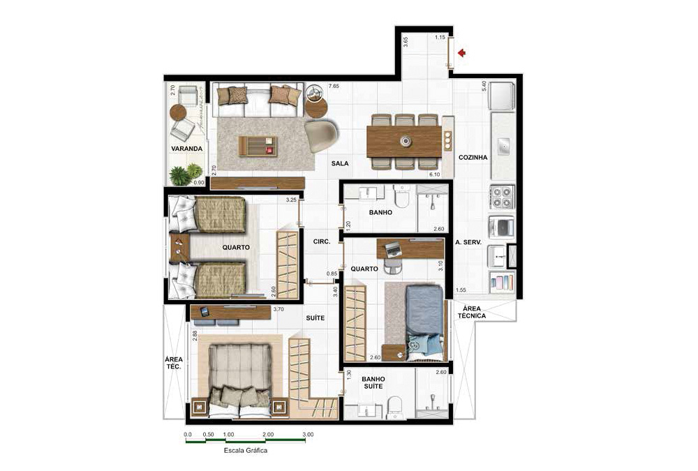 3 quartos (1 suíte) 73,33m2