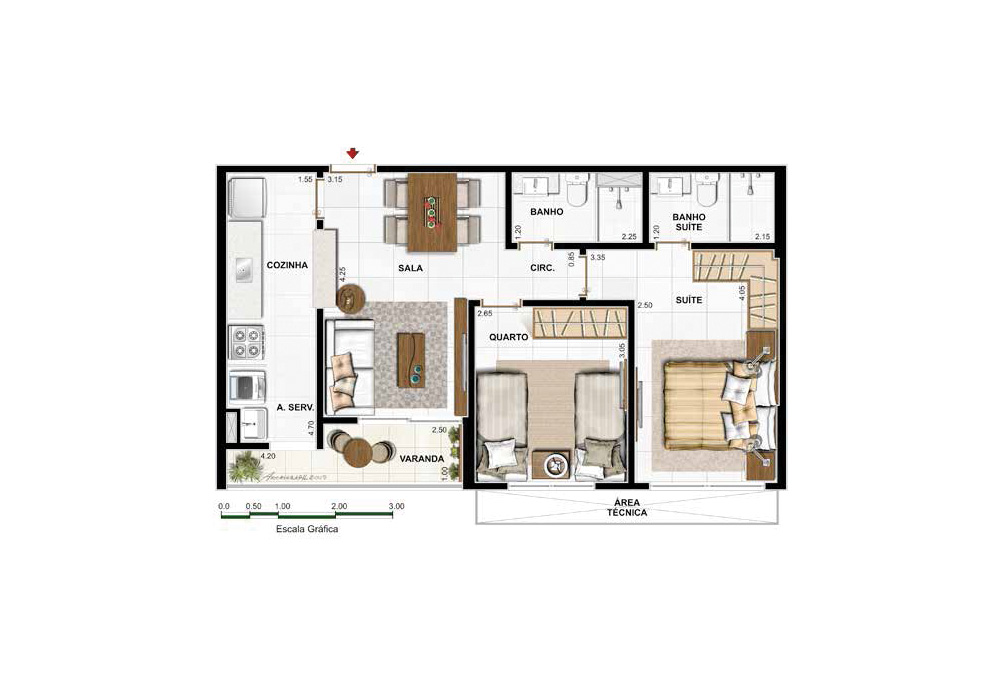 2 quartos (1 suíte) 56,36m2