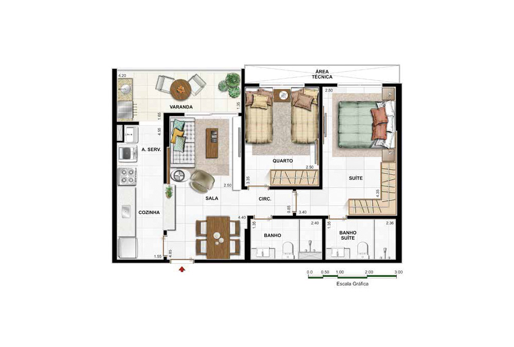 2 quartos (1 suíte) 61,99m2